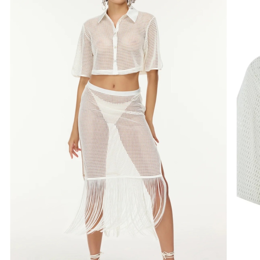 White Mesh Fringe Swim Coverup Set
